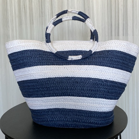 Straw navy/white stripe tote bag, pompons, zip closure! Nautical, beach, vacay