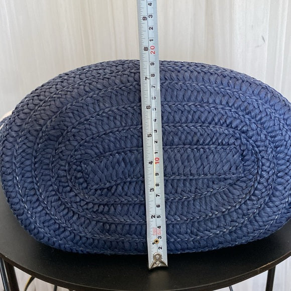 Straw navy/white stripe tote bag, pompons, zip closure! Nautical, beach, vacay