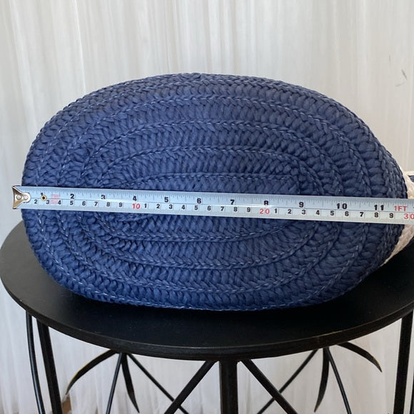 Straw navy/white stripe tote bag, pompons, zip closure! Nautical, beach, vacay
