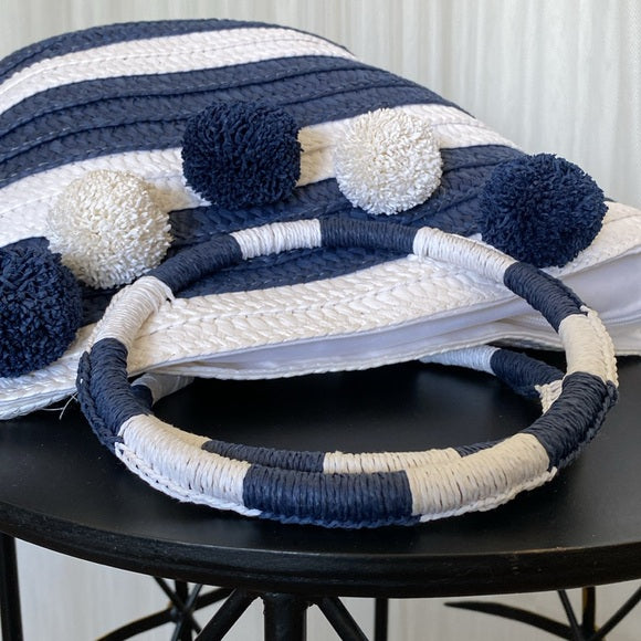 Straw navy/white stripe tote bag, pompons, zip closure! Nautical, beach, vacay