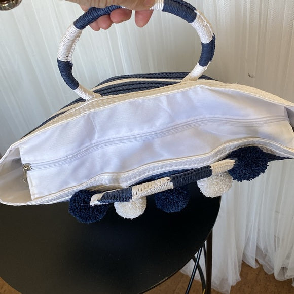 Straw navy/white stripe tote bag, pompons, zip closure! Nautical, beach, vacay