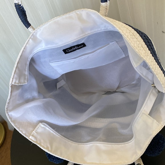 Straw navy/white stripe tote bag, pompons, zip closure! Nautical, beach, vacay