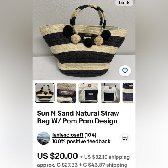 Straw navy/white stripe tote bag, pompons, zip closure! Nautical, beach, vacay