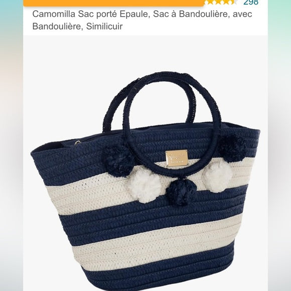 Straw navy/white stripe tote bag, pompons, zip closure! Nautical, beach, vacay