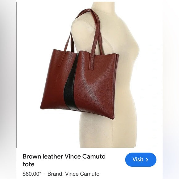 Vince Camuto faux leather tote bag, computer cognac brown, black band!