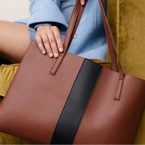 Vince Camuto faux leather tote bag, computer cognac brown, black band!