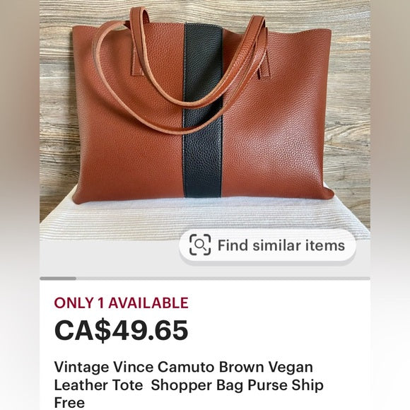 Vince Camuto faux leather tote bag, computer cognac brown, black band!