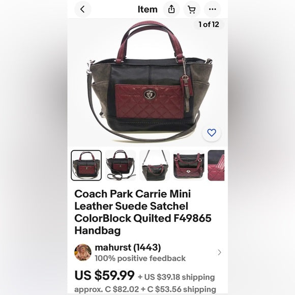 Coach Park mini leather/suede, quilted pocket! Crossbody ajustable straps bag