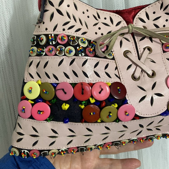 Cute Lolipops Paris Atelier small novelty bag! Cut out Leather/cotton/beads