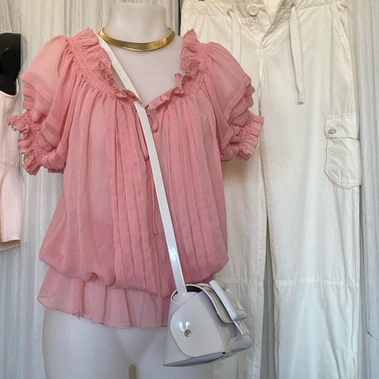 Suzy by Suzy Shier bohemian, romantic, festival soft pink, smocked, ruffles! XS