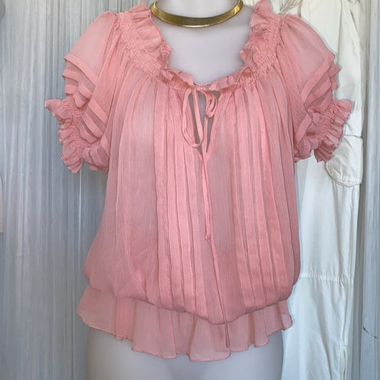 Suzy by Suzy Shier bohemian, romantic, festival soft pink, smocked, ruffles! XS