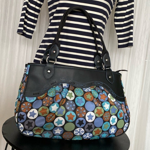 Soco shoulder bag stars, snowflakes ❄️ nylon /black leather! Blue stitching!