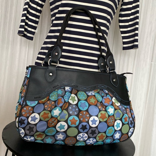 Soco shoulder bag stars, snowflakes ❄️ nylon /black leather! Blue stitching!