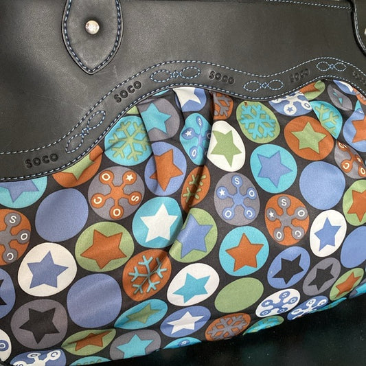 Soco shoulder bag stars, snowflakes ❄️ nylon /black leather! Blue stitching!