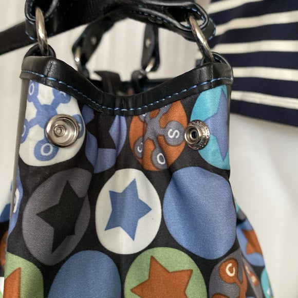 Soco shoulder bag stars, snowflakes ❄️ nylon /black leather! Blue stitching!
