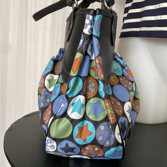 Soco shoulder bag stars, snowflakes ❄️ nylon /black leather! Blue stitching!
