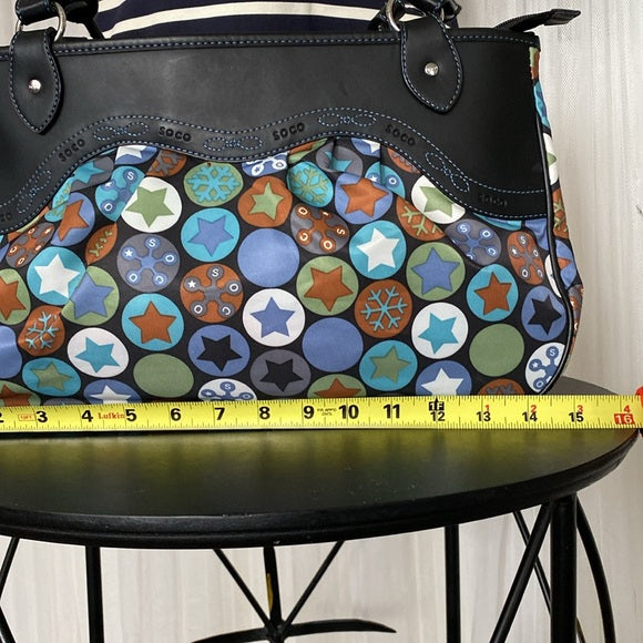 Soco shoulder bag stars, snowflakes ❄️ nylon /black leather! Blue stitching!