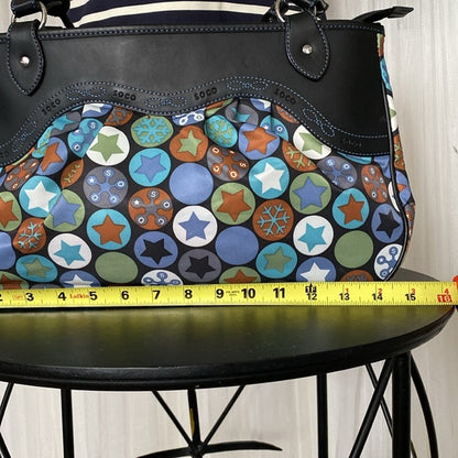 Soco shoulder bag stars, snowflakes ❄️ nylon /black leather! Blue stitching!