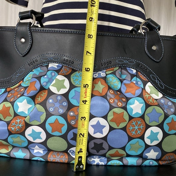 Soco shoulder bag stars, snowflakes ❄️ nylon /black leather! Blue stitching!
