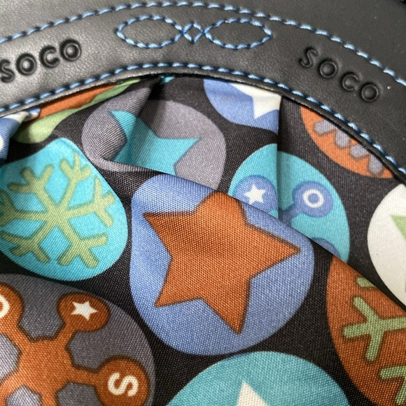 Soco shoulder bag stars, snowflakes ❄️ nylon /black leather! Blue stitching!