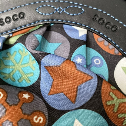 Soco shoulder bag stars, snowflakes ❄️ nylon /black leather! Blue stitching!