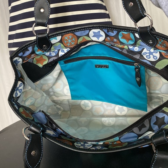 Soco shoulder bag stars, snowflakes ❄️ nylon /black leather! Blue stitching!
