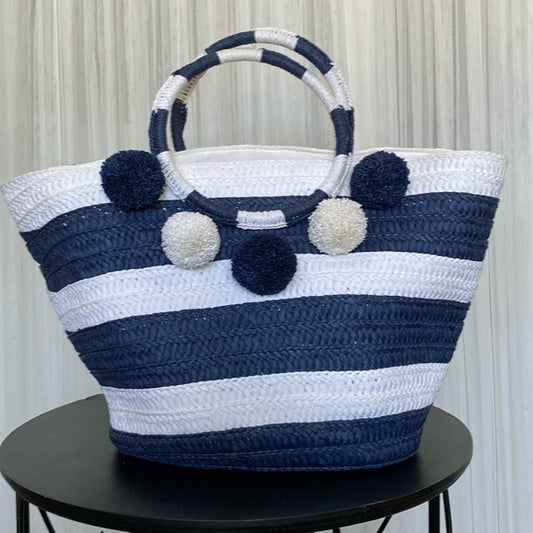 Straw navy/white stripe tote bag, pompons, zip closure! Nautical, beach, vacay