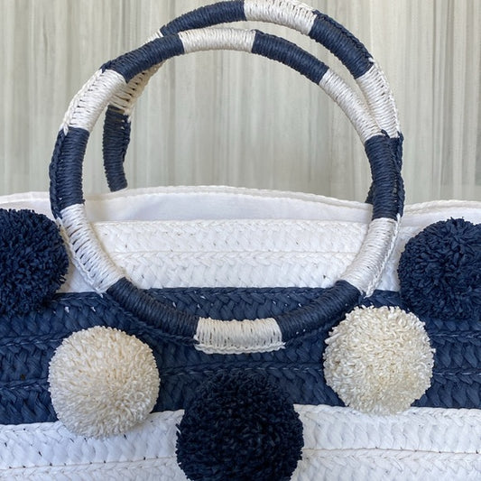 Straw navy/white stripe tote bag, pompons, zip closure! Nautical, beach, vacay
