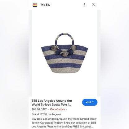 Straw navy/white stripe tote bag, pompons, zip closure! Nautical, beach, vacay