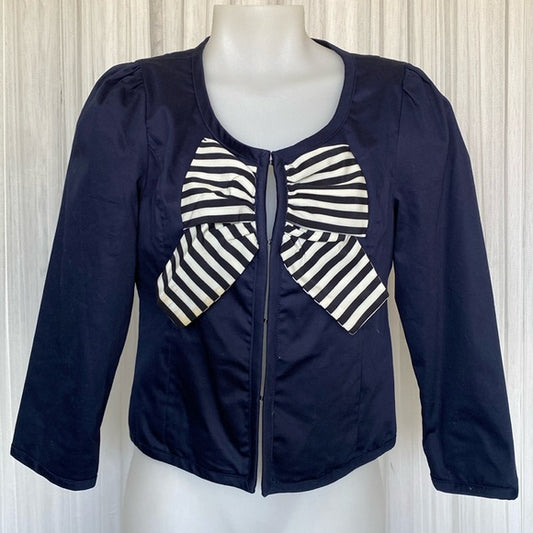 Cute crop dark blue, black & cream stripes bow, blazer/jacket by “Azul” Size 4