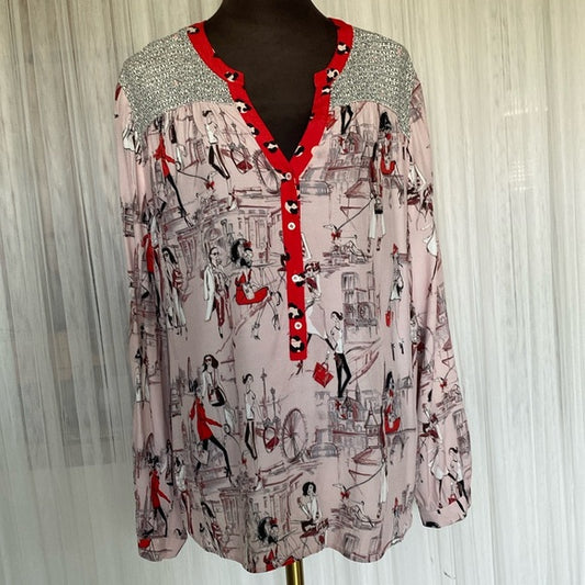 Novelty prints, long sleeves blouse by “OUI” German brand! Office, work! Size 12