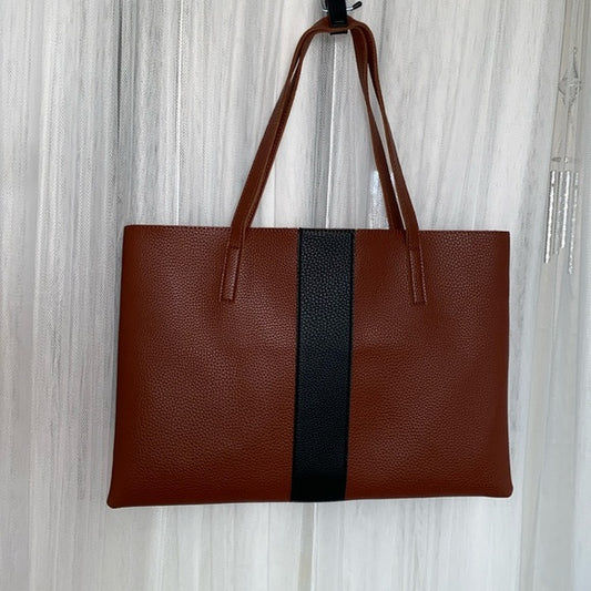Vince Camuto faux leather tote bag, computer cognac brown, black band!