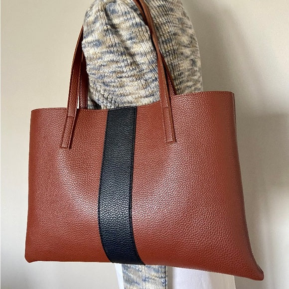 Vince Camuto faux leather tote bag, computer cognac brown, black band!