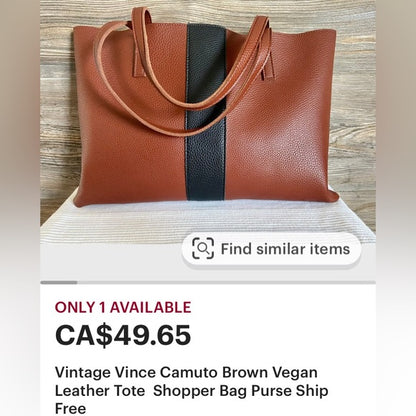 Vince Camuto faux leather tote bag, computer cognac brown, black band!