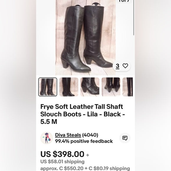 Frye Lila slouchy black tall, riding boots knee high soft leather Size 6M