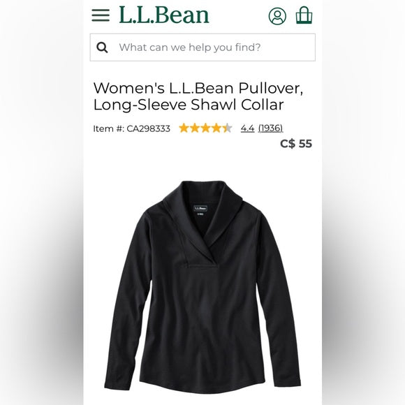L.L. Bean black shawl collar, pullover 100% top! New without the tag! Size M reg