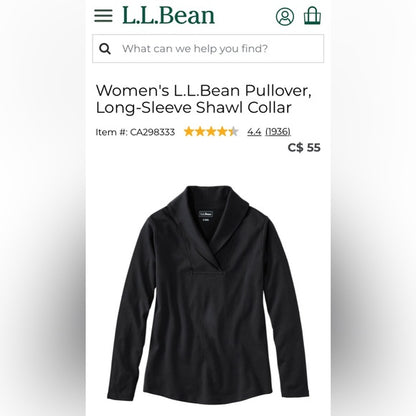 L.L. Bean black shawl collar, pullover 100% top! New without the tag! Size M reg
