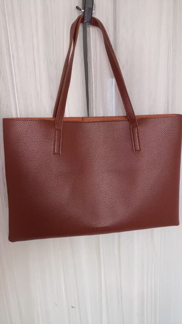Vince Camuto faux leather tote bag, computer cognac brown, black band!