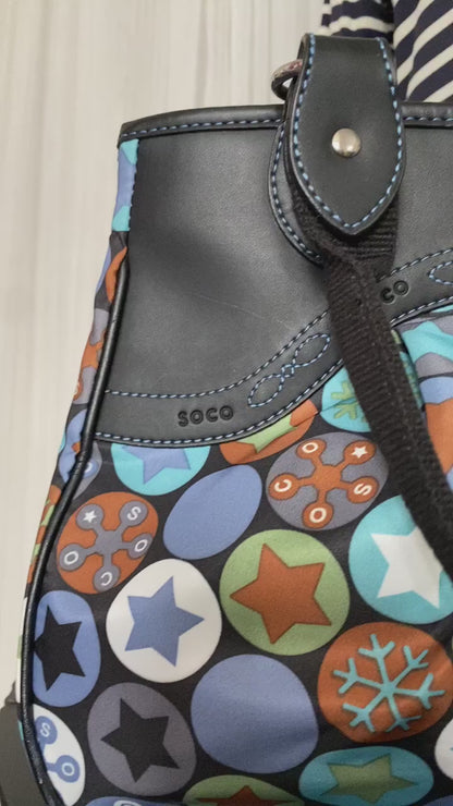 Soco shoulder bag stars, snowflakes ❄️ nylon /black leather! Blue stitching!